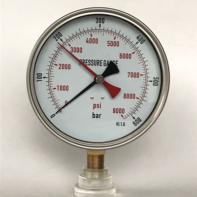 Đồng hồ đo áp suất bằng thép không gỉ 9000 Psi 600 Bar 150mm Áp kế con trỏ bộ nhớ màu đỏ KL 1.6